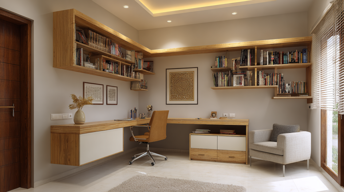  Modern L-Shaped Corner Study with Gray Overhead Cabinets