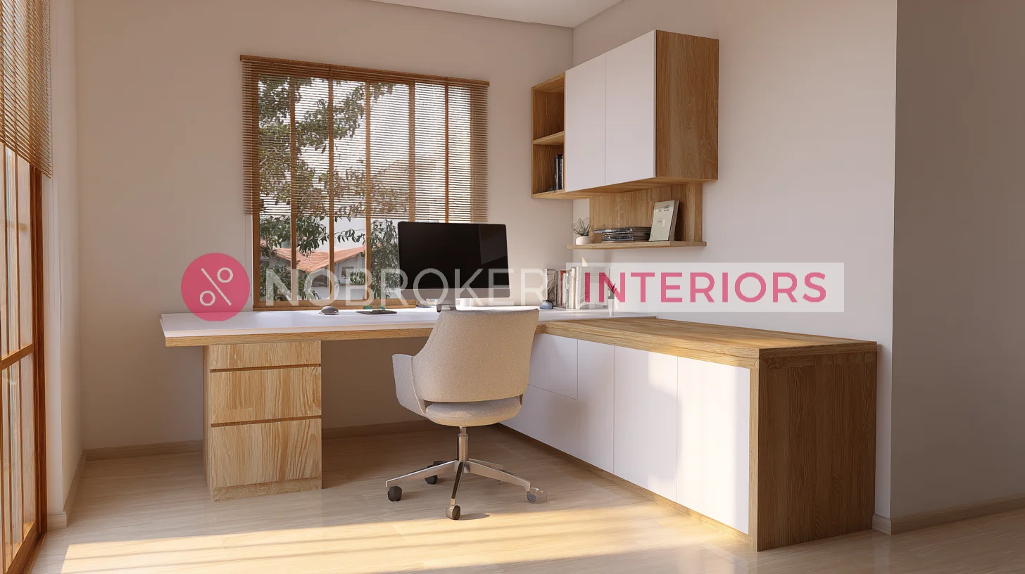 Modern L Shaped Floating Study Table with White Handleless Cabinets