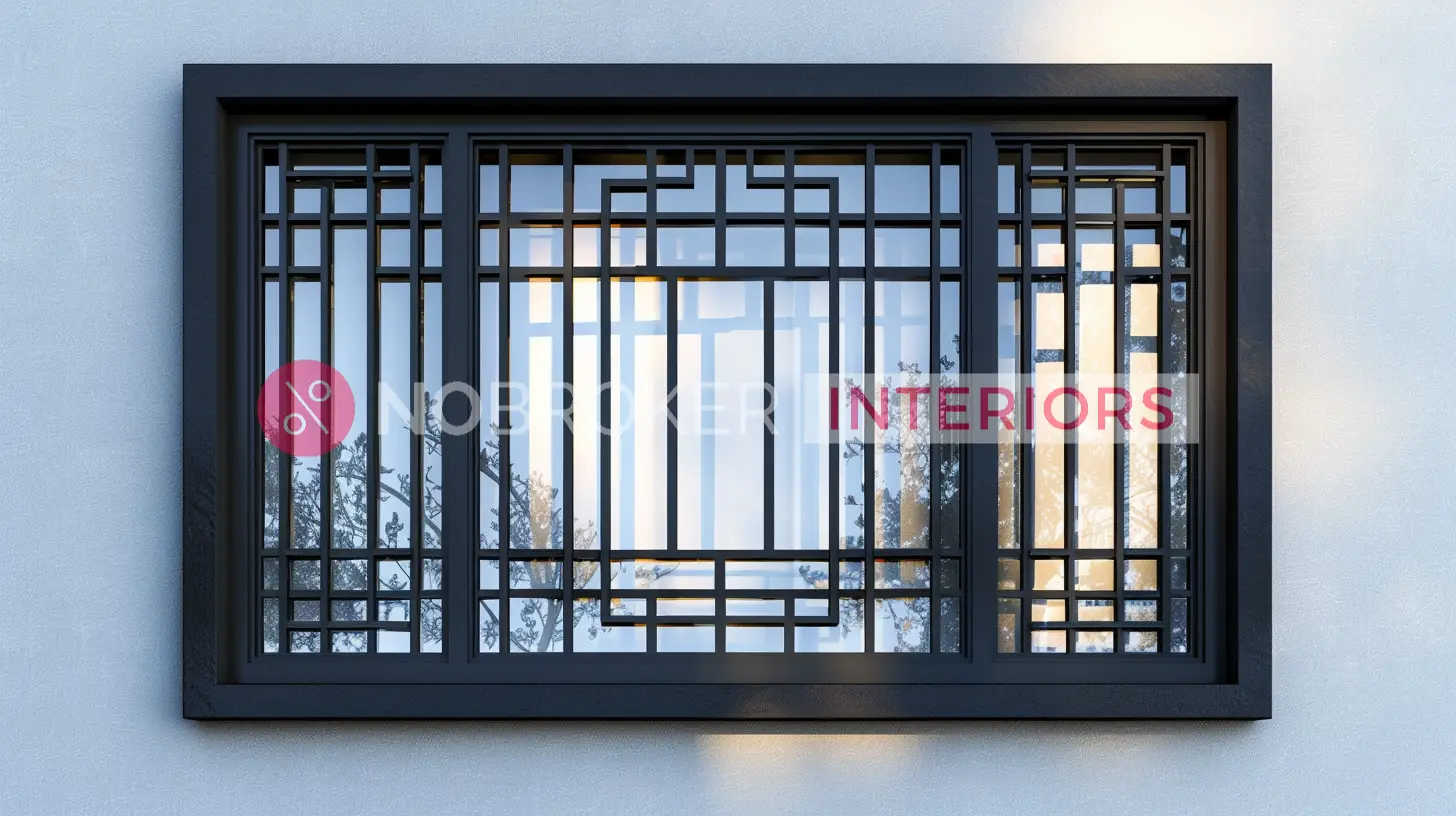 Modern Linear Window Grill Design with Overlapping Square Frames