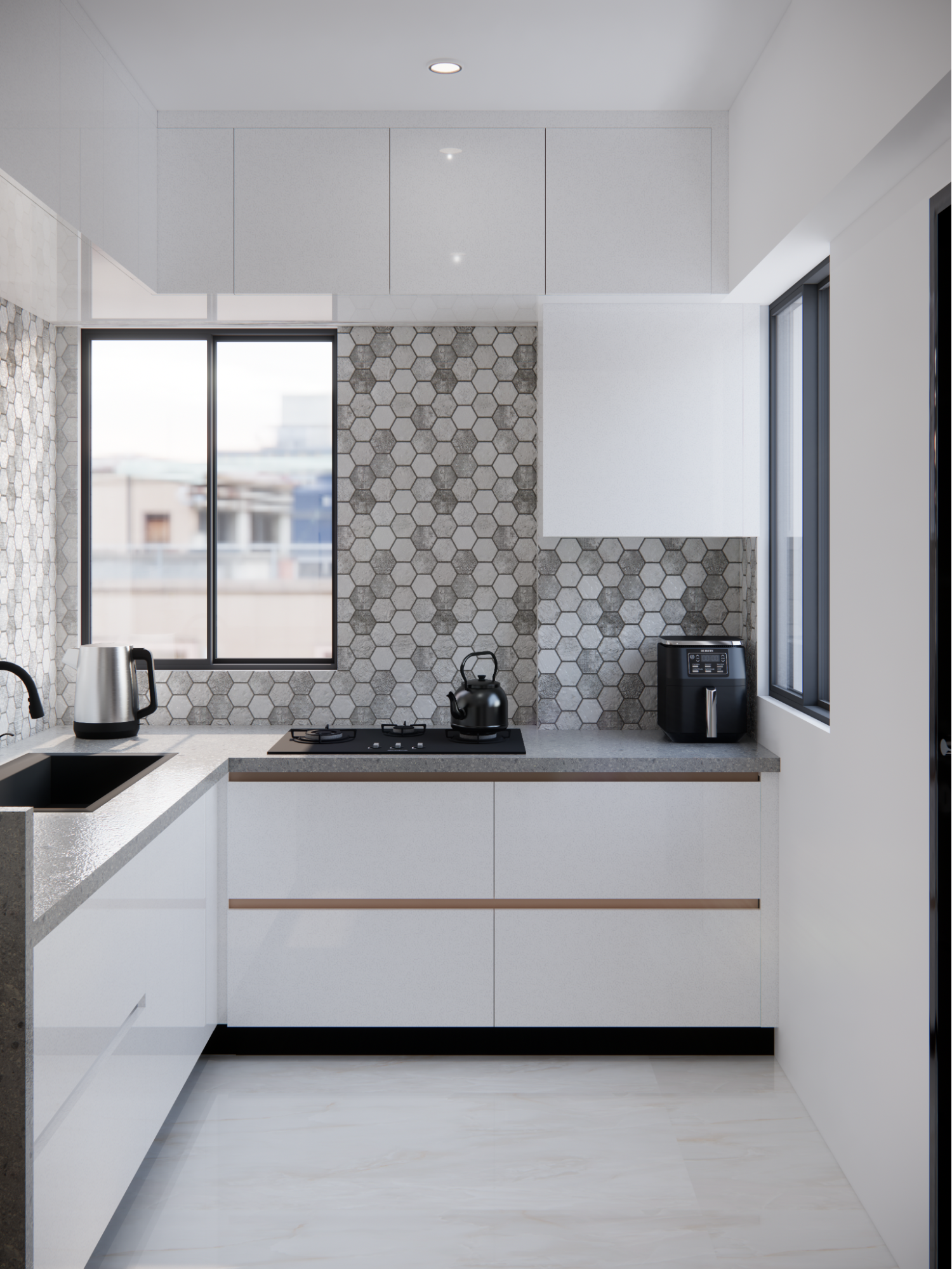 Modern Minimalist Kitchen Design with Hexagonal Backsplash