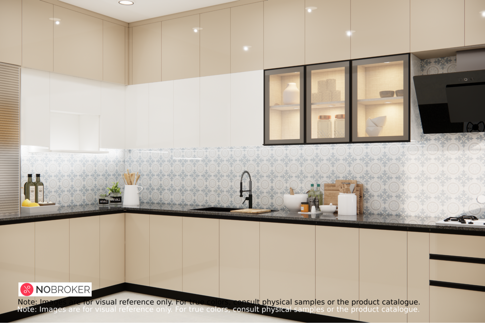 Modern Modular Kitchen with Patterned Blue Backsplash Tiles