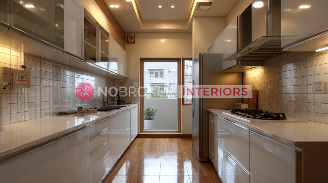Modern Parallel Kitchen Design in Glossy White