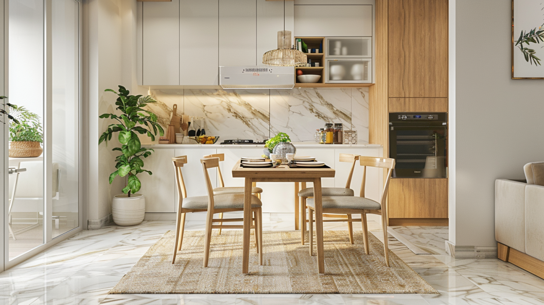 Modern Scandinavian Kitchen & Dining | Marble Backsplash Design