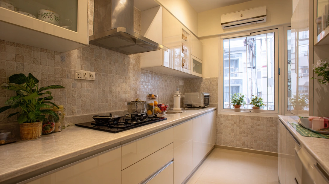 Modular Kitchen Counter with Mosaic Backsplash Tiles