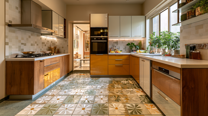 Modular Kitchen Layout with Patterned Floral Floor Tiles