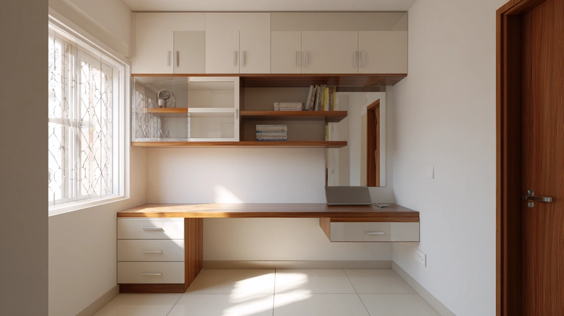 Modular Study Table Design with Overhead Storage Cabinets