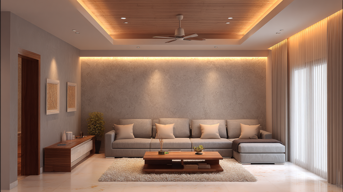 Multi-Layered Square Tray False Ceiling with Wood Border