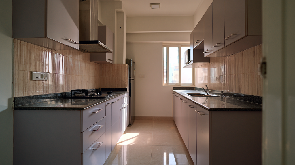 Muted Grey Parallel Kitchen Setup with Dark Granite Counters