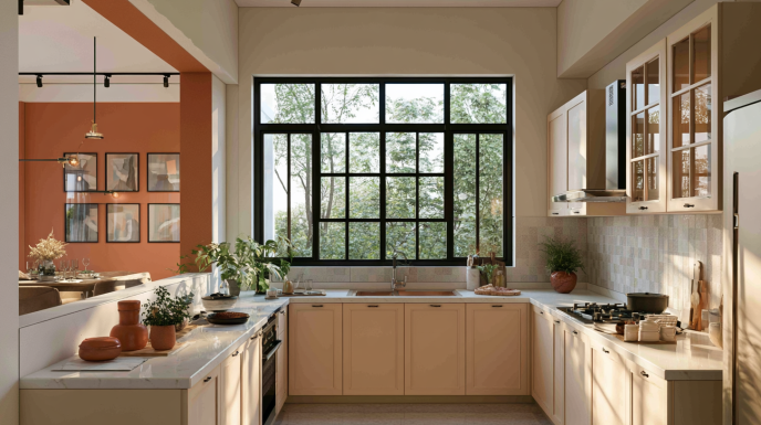 Open Layout U-Shaped Kitchen with Black Grid Window