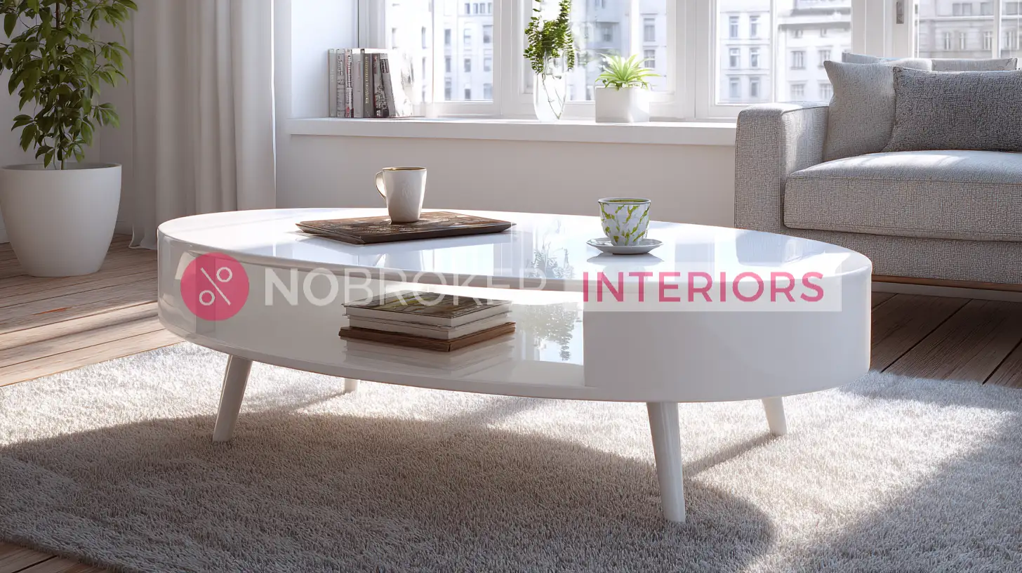 Oval High Gloss Coffee Table with Integrated Lower Storage Shelf