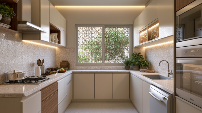 Parallel Kitchen Design with Patterned Window Screen