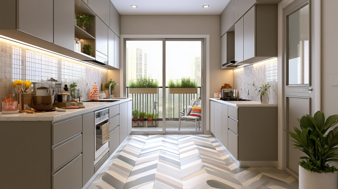Parallel Kitchen Layout with Patterned Floor Tiles