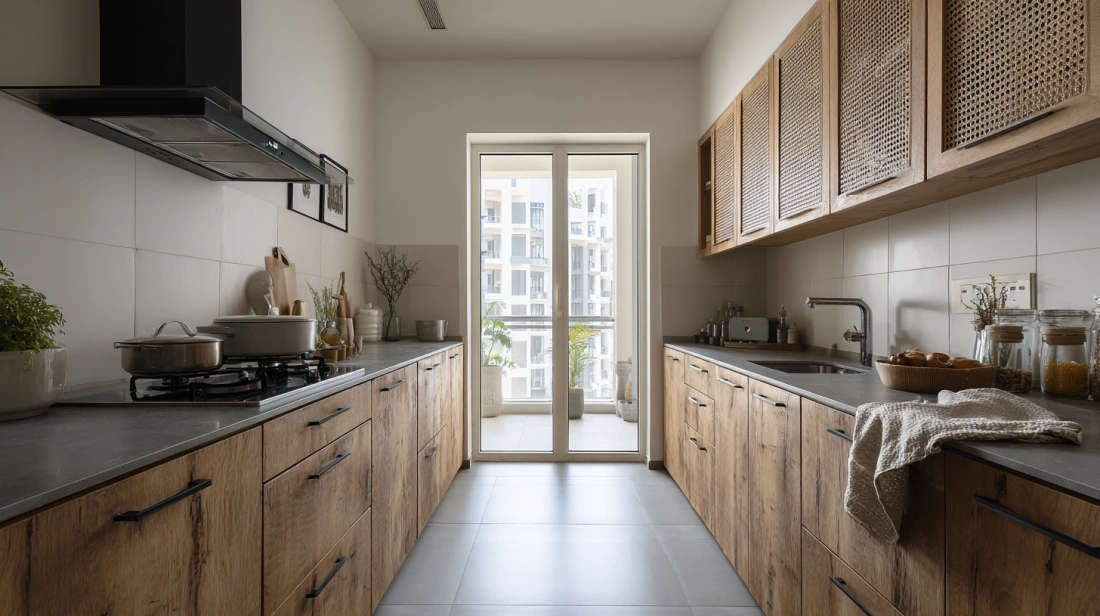 Parallel Kitchen Layout with Rattan Insert Upper Cabinets