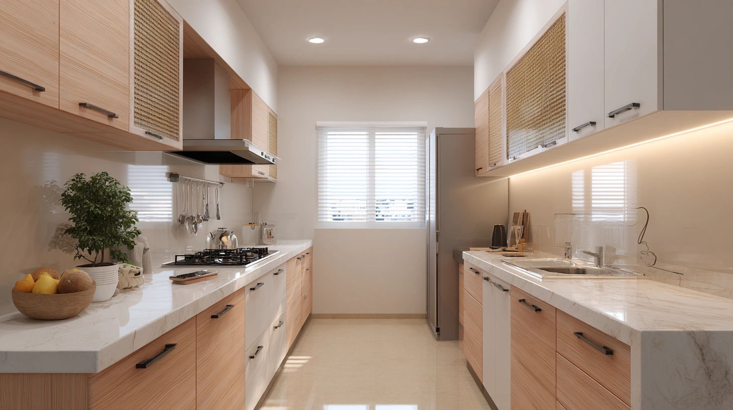 Parallel Kitchen with Marble Pattern Countertops
