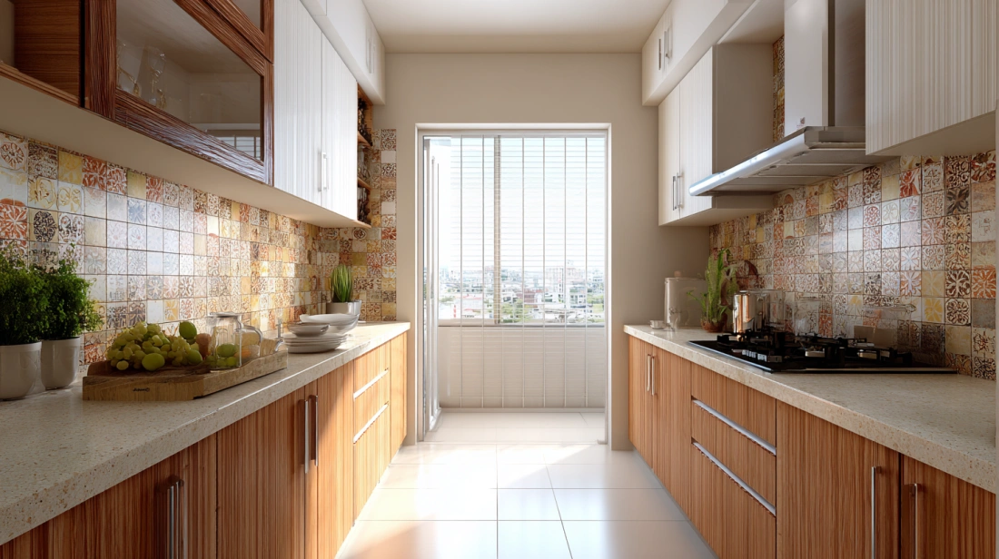 Parallel Kitchen with Multi-Colored Patterned Tiles