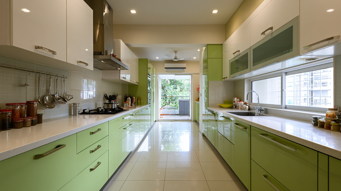 Parallel Modular Kitchen with Vibrant Green Cabinets