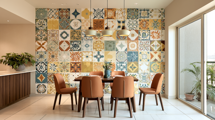 Patchwork Ceramic Tile Wall Design in Dining Area
