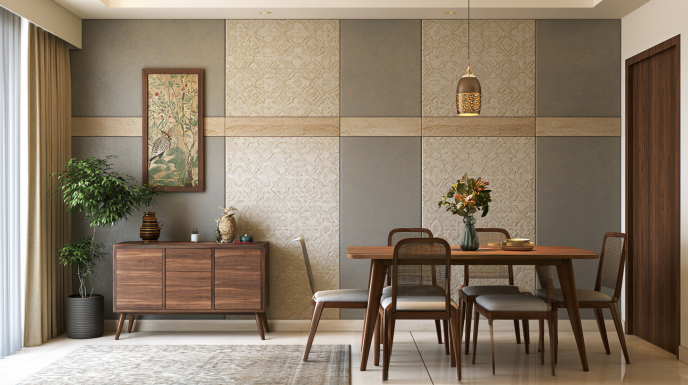 Patterned Beige and Grey Wall Panel for Dining Area
