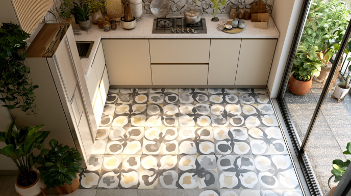 Patterned Cement-Look Kitchen Floor Tile Design