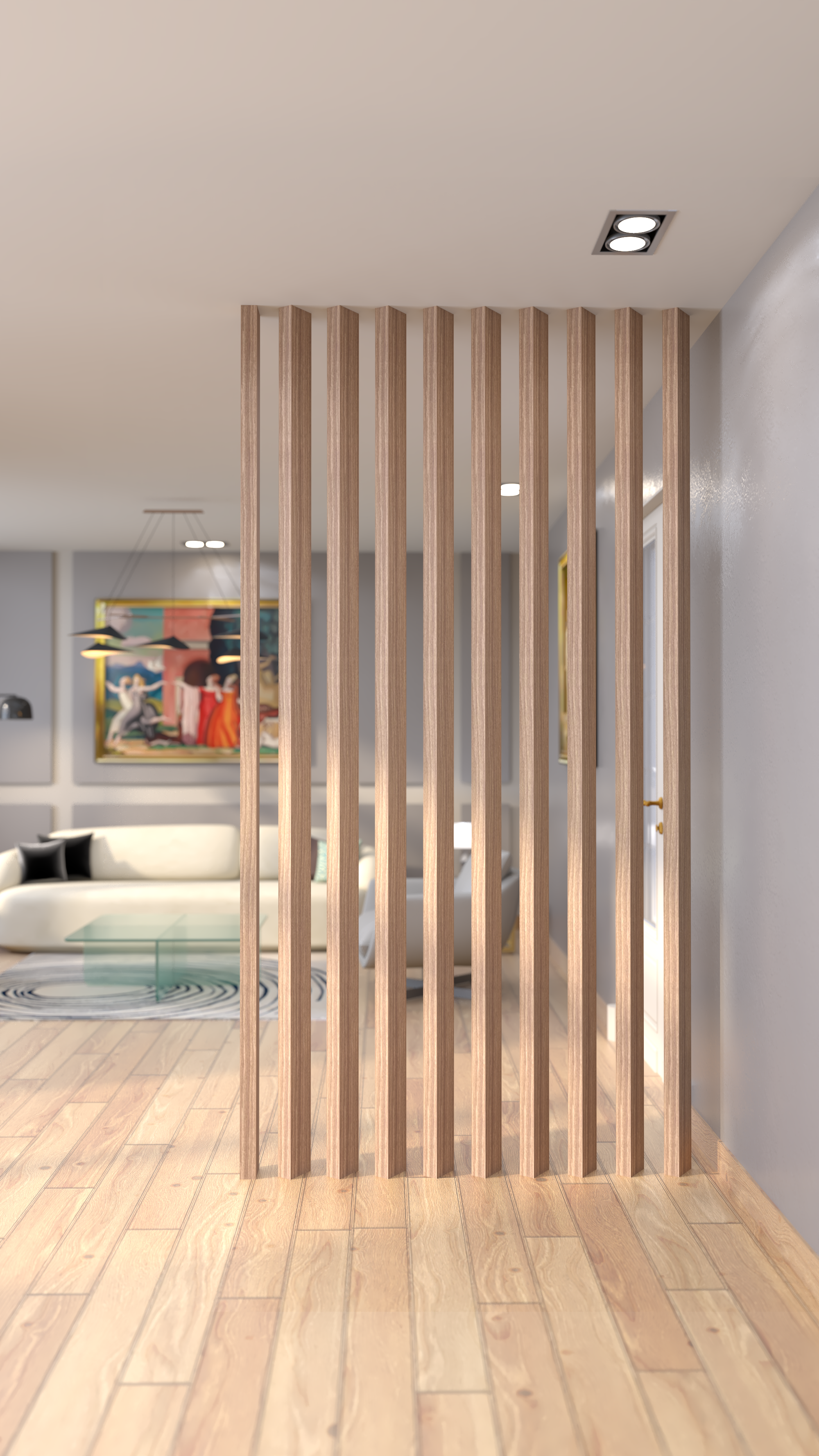 Contemporary Foyer with a Natural Wood Slat Partition