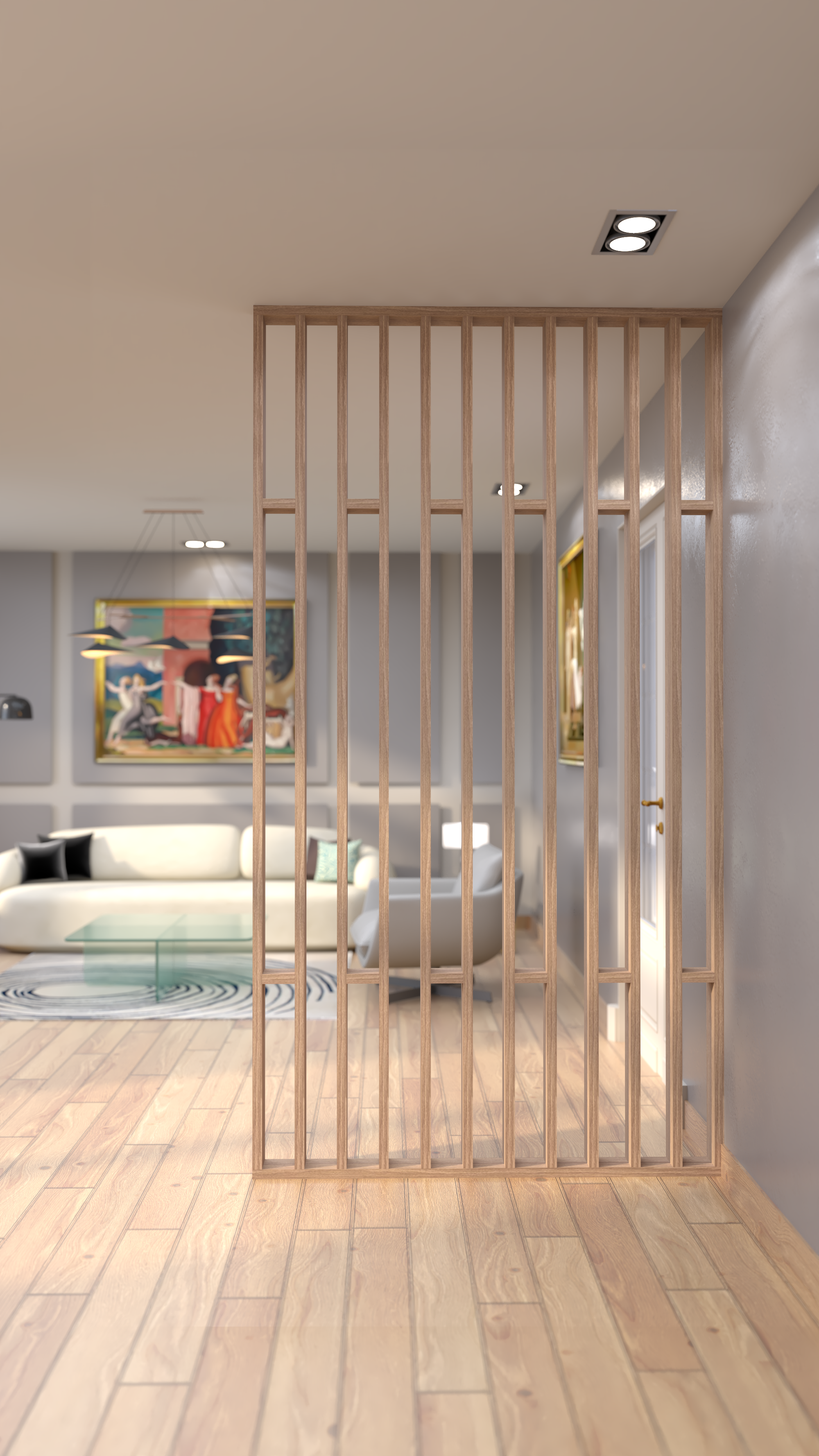 Contemporary Foyer with a Striking Wooden Partition