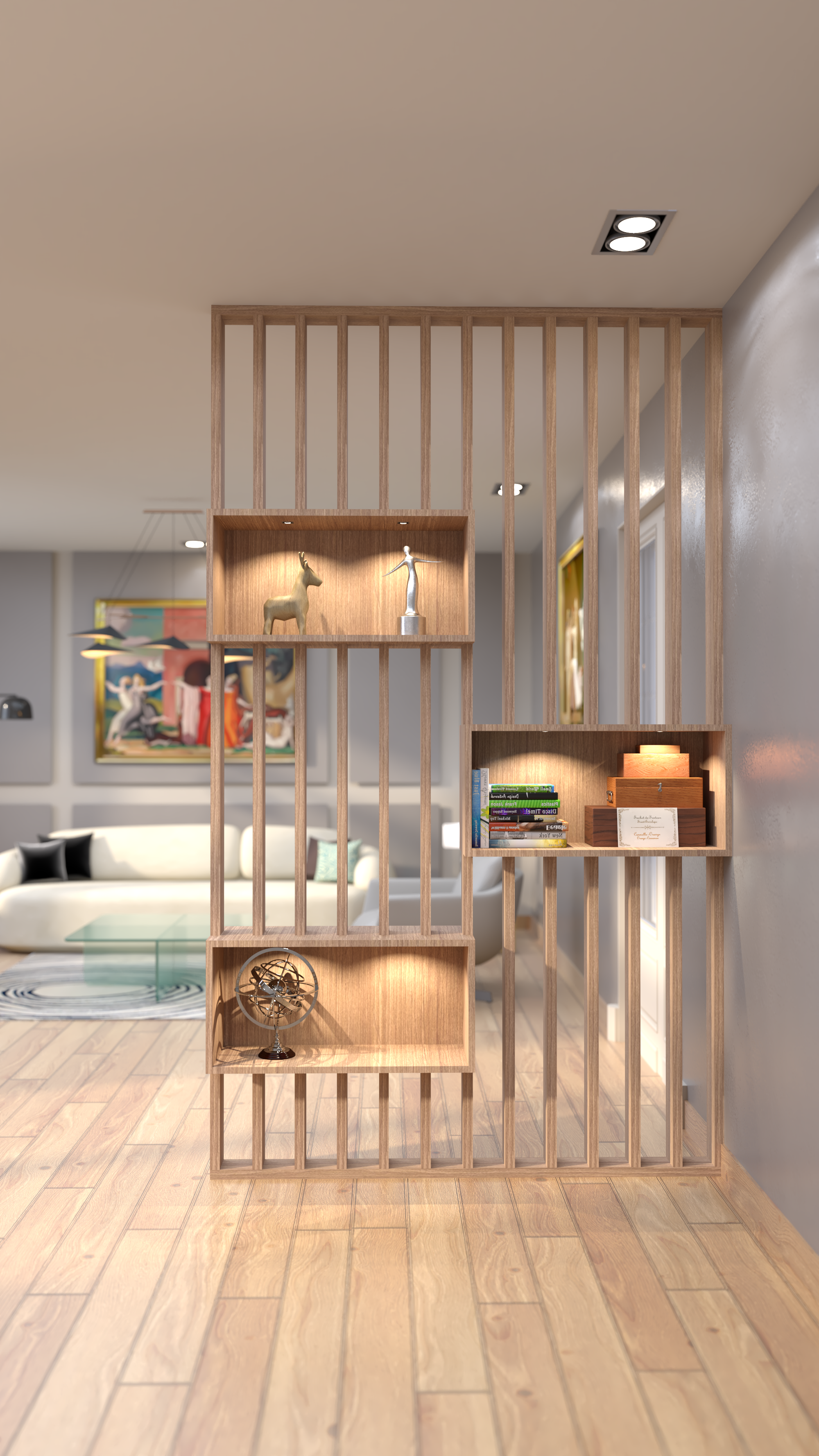 Contemporary Living Space with a Wooden Slat Partition