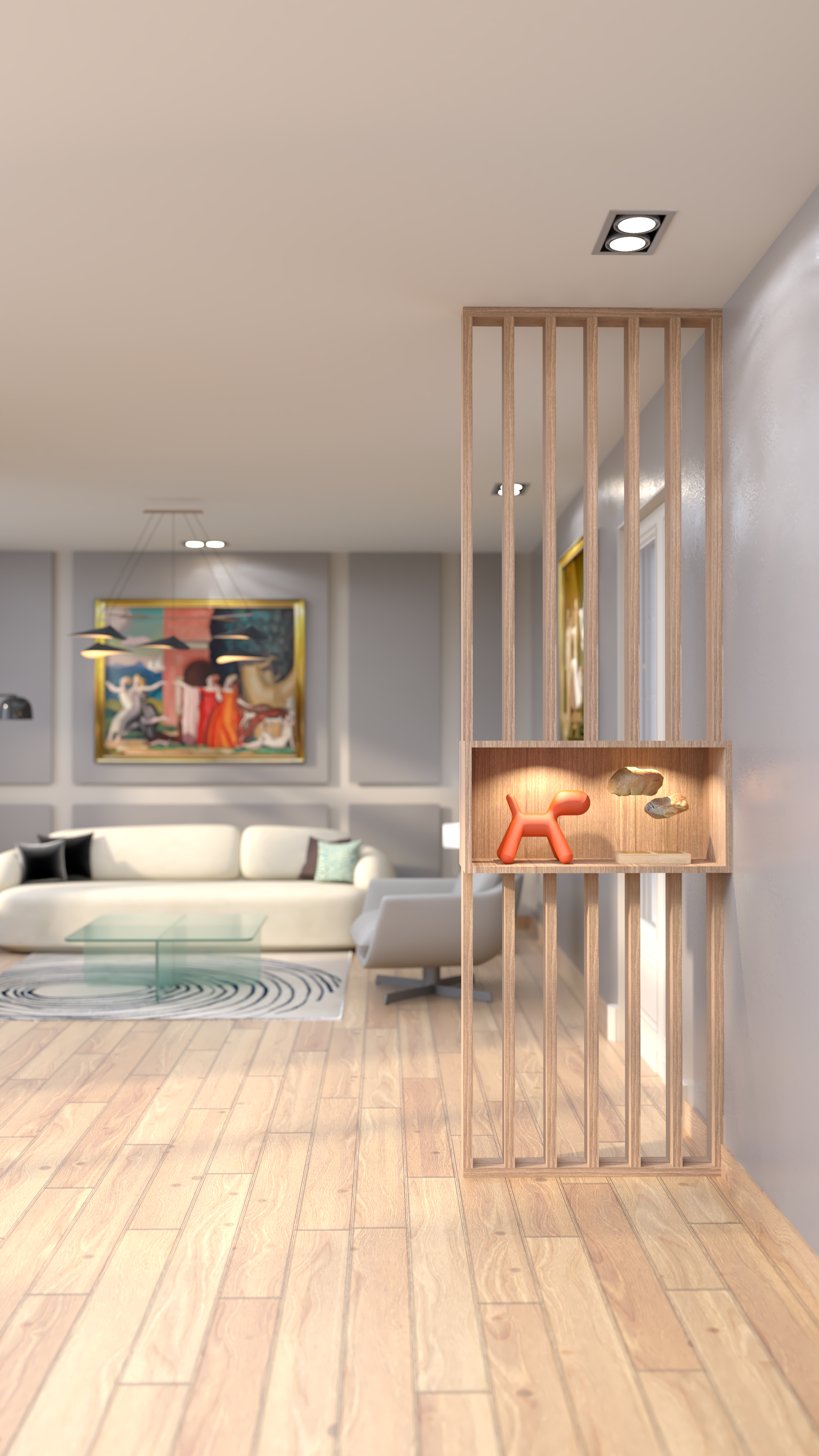 Modern Living Space with a Wooden Slat Partition