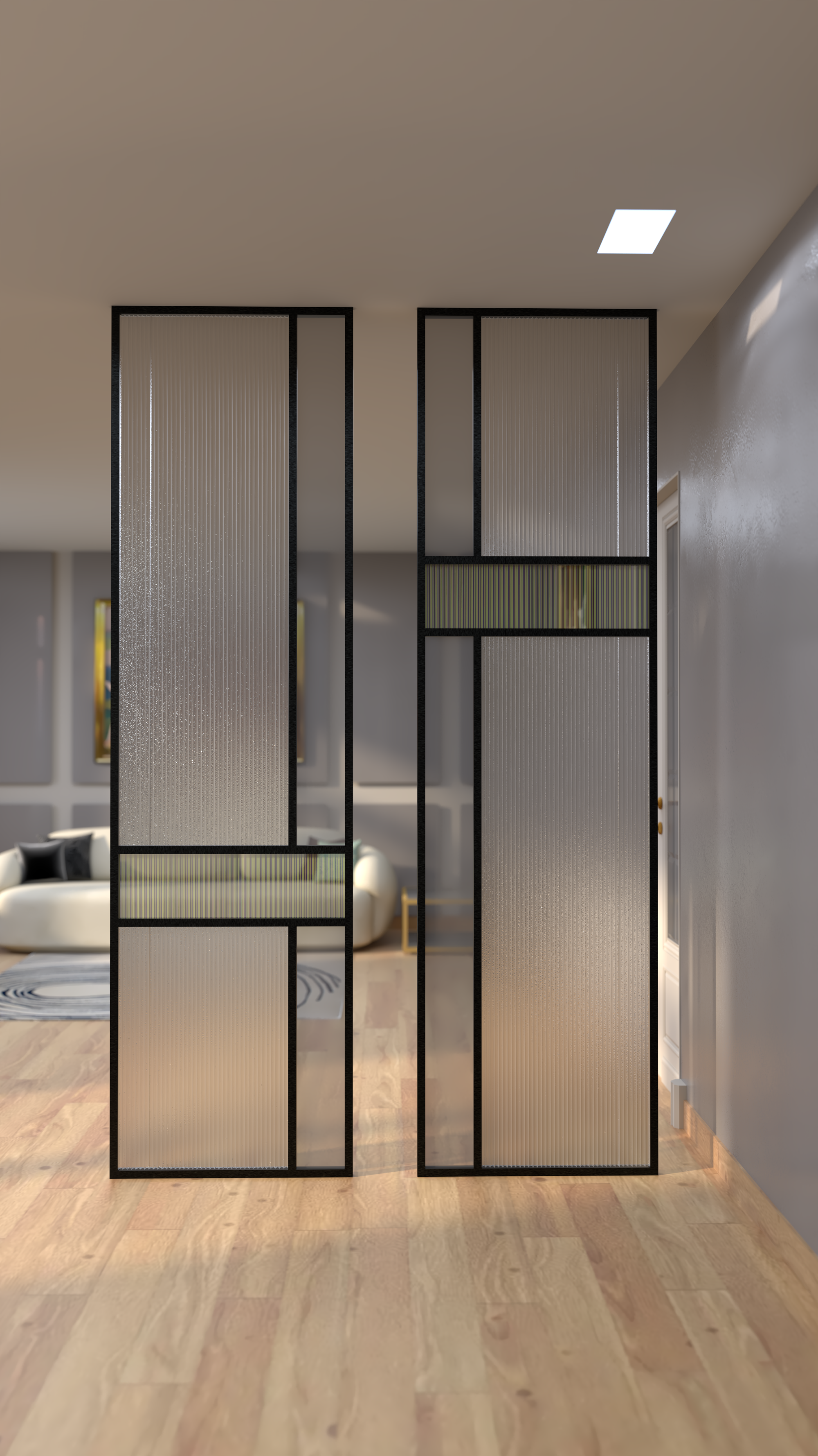 Modern Foyer with Geometric Fluted Glass Partitions