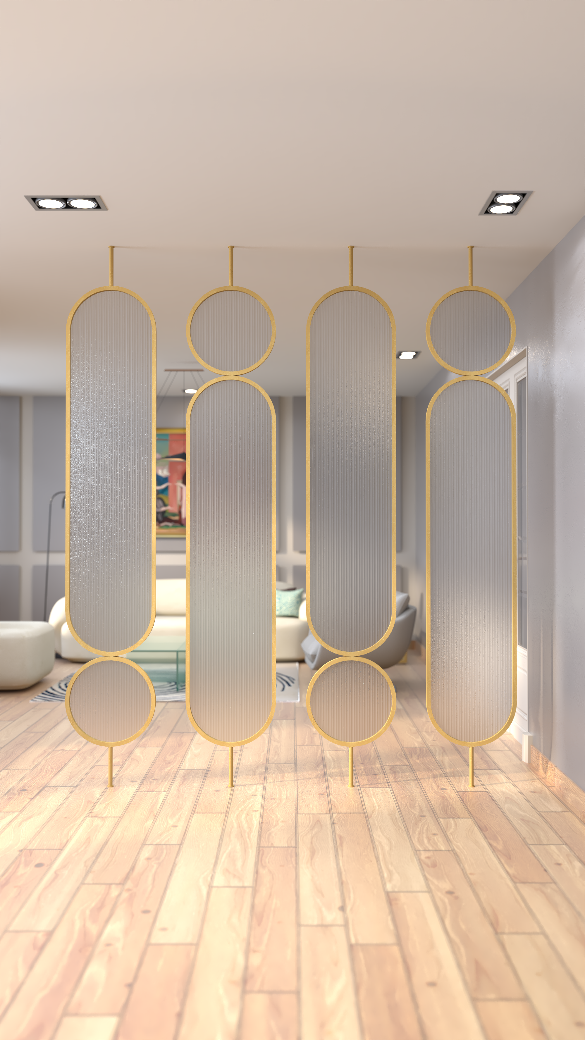 Modern Living Area with a Sculptural Glass and Gold Divider