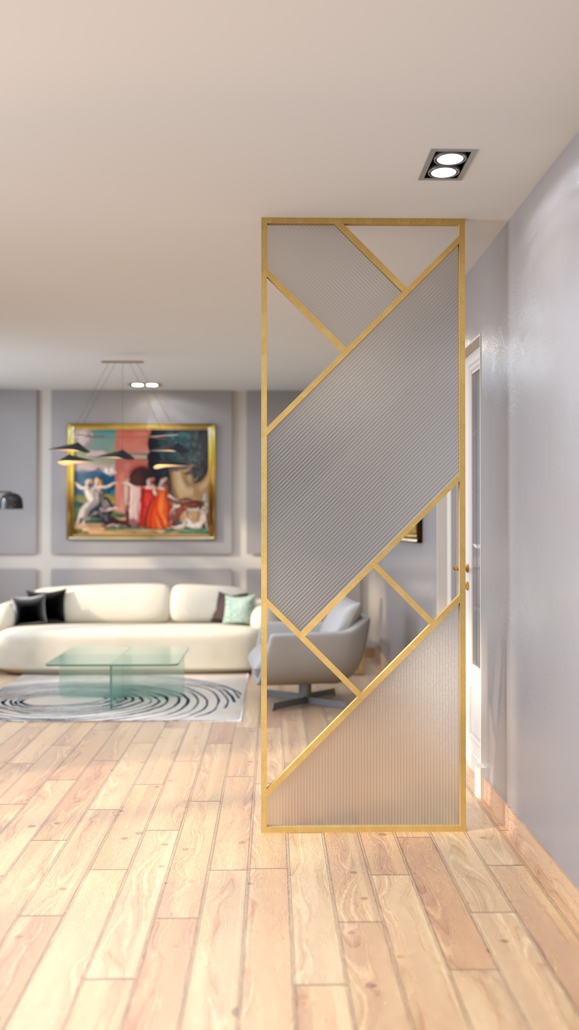 Modern Classical Living Space with a Geometric Gold Partition