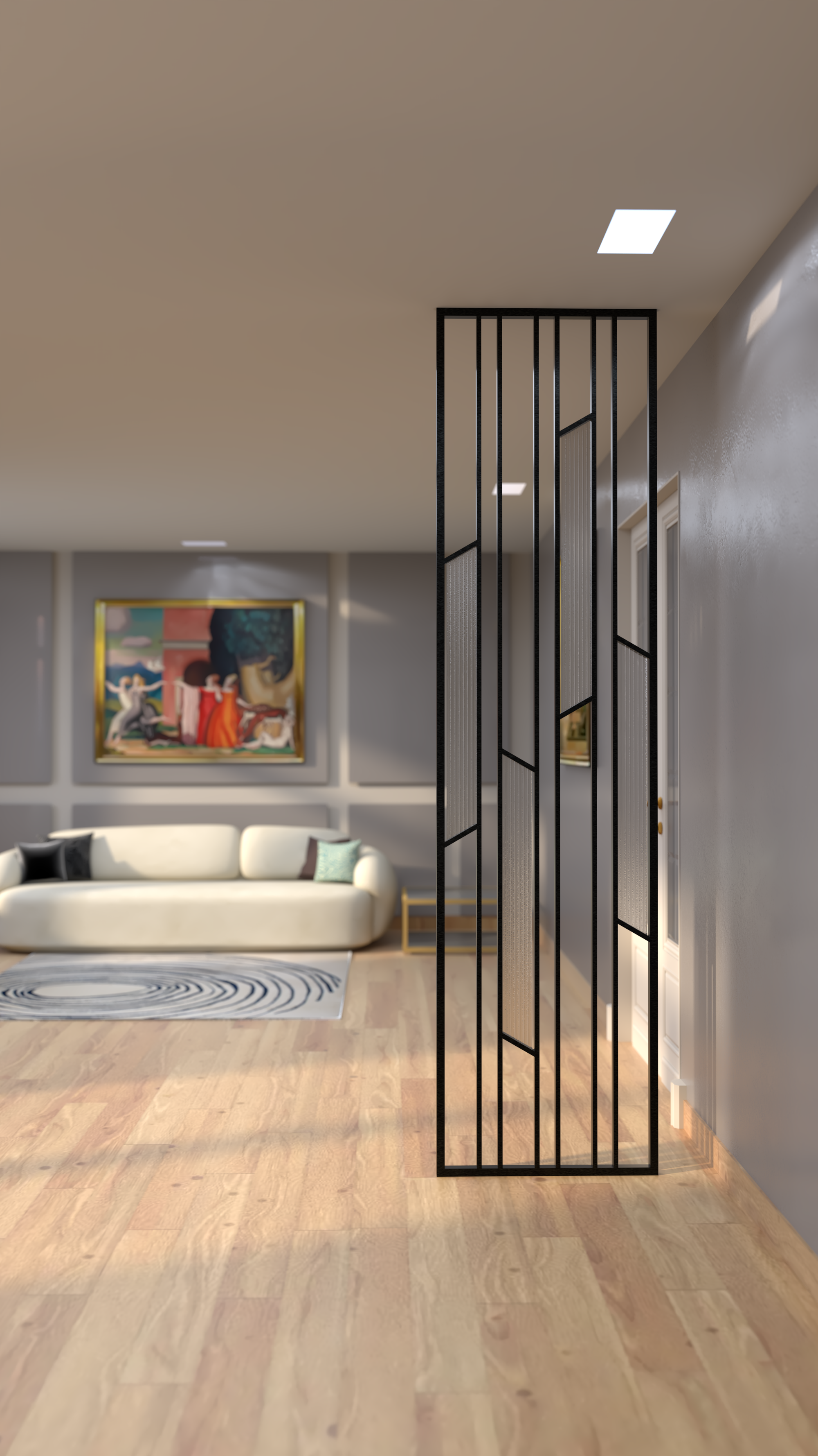 Modern Classical Living Space with a Geometric Partition