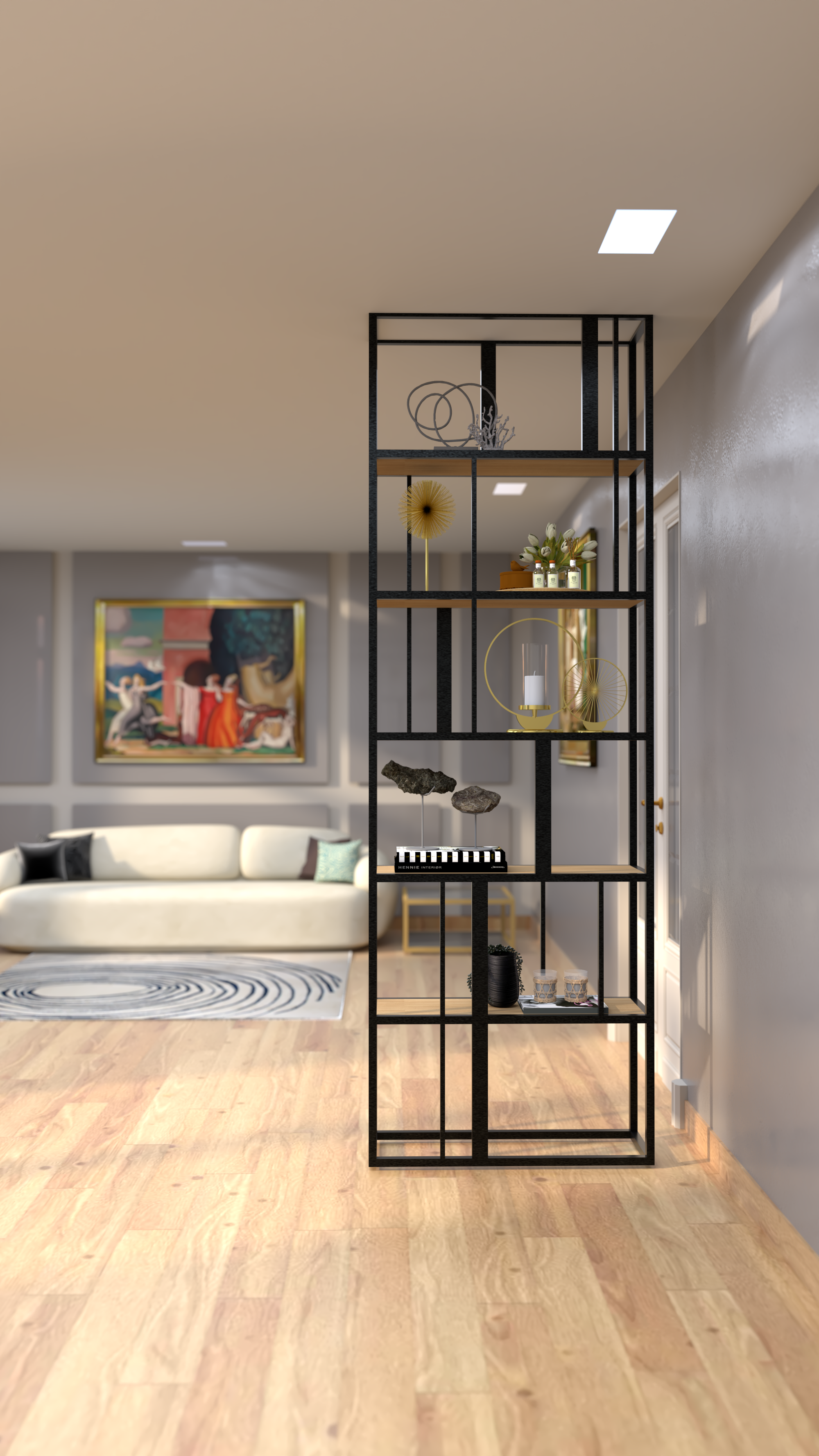 Modern Classical Living Space with an Industrial-Chic Divider