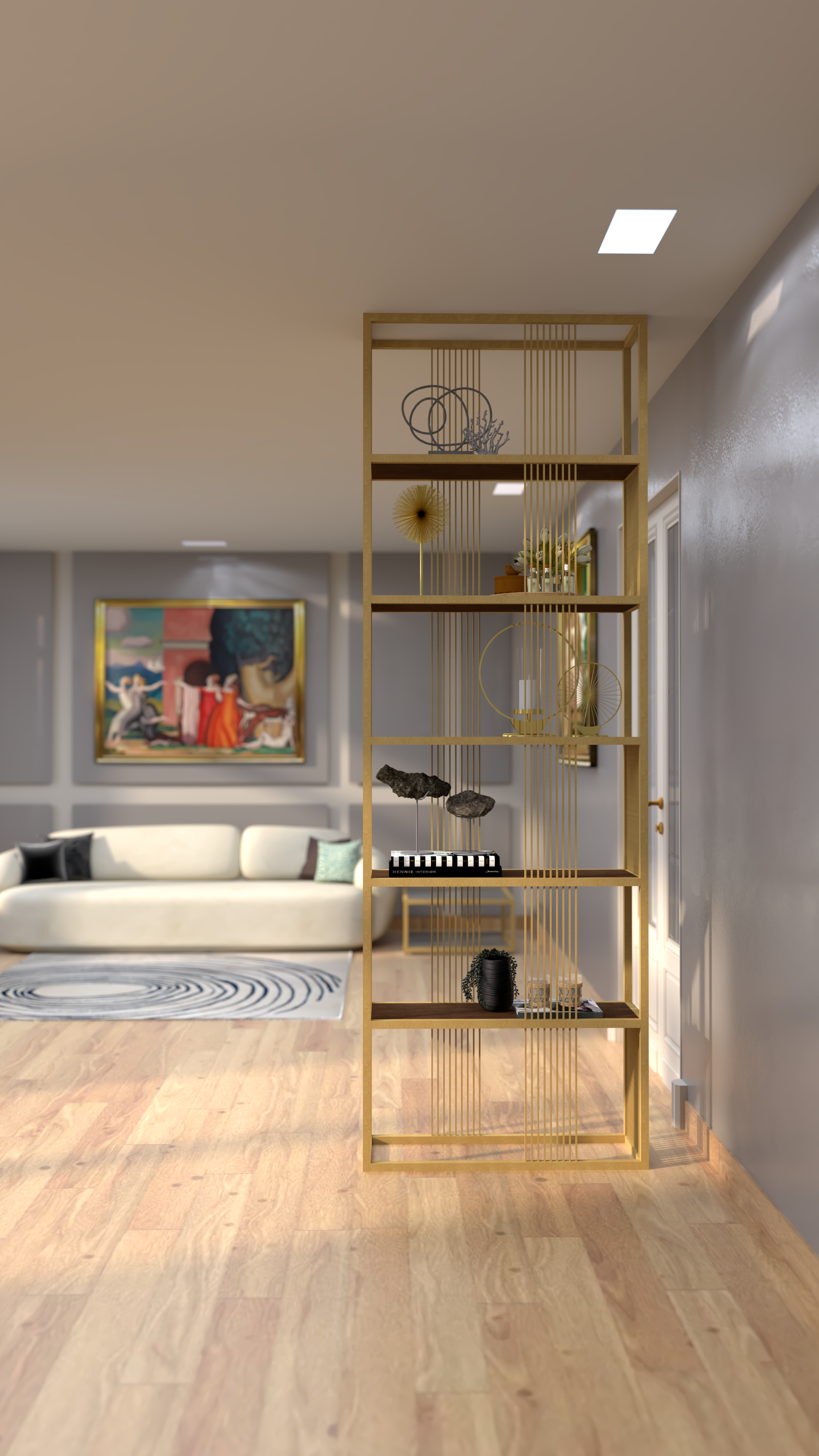 Contemporary Living Space with a Gilded Art Deco Divider