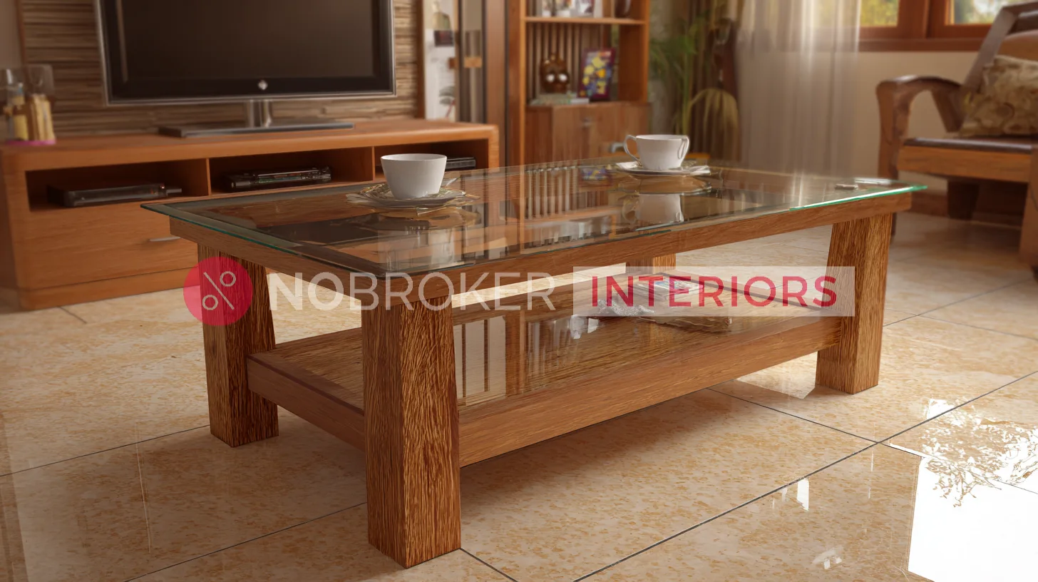 Rectangular Glass Coffee Table with Solid Wood Transitional Frame