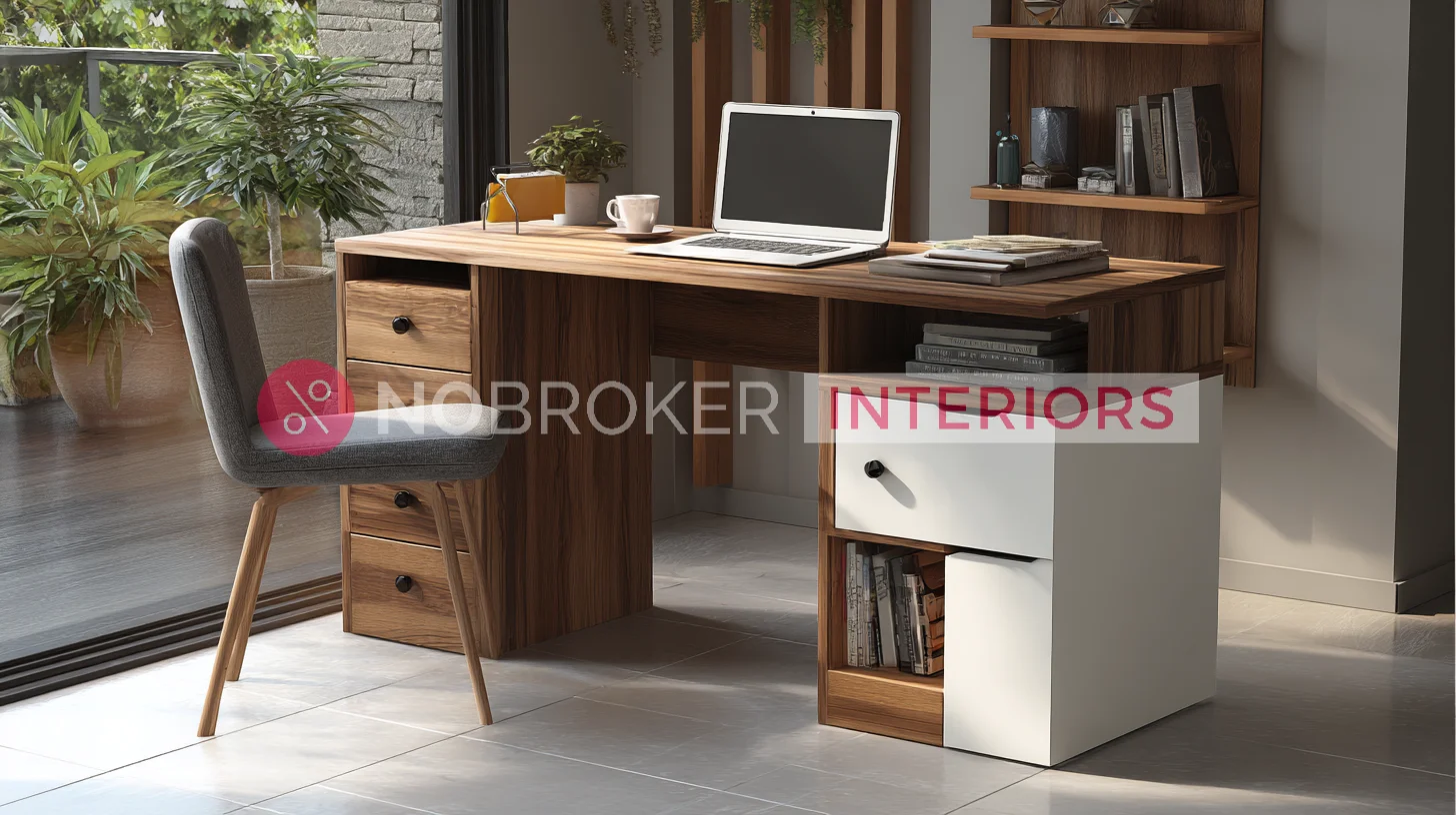 Rectangular Walnut Finish Study Table with Dual Side Storage