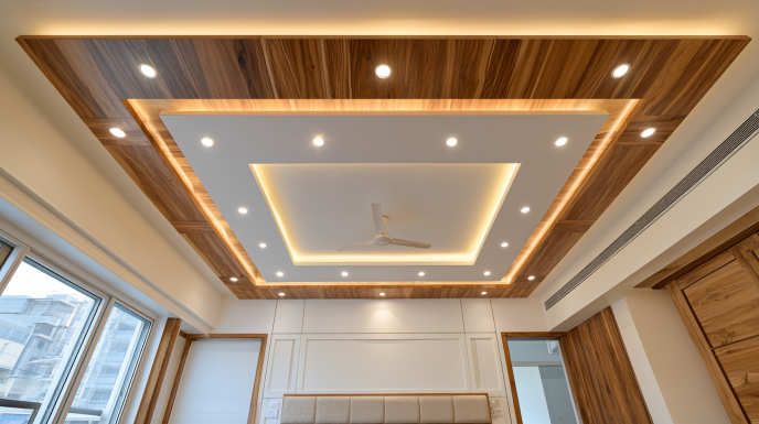 Rectangular Wooden False Ceiling Design with Ceiling Fan