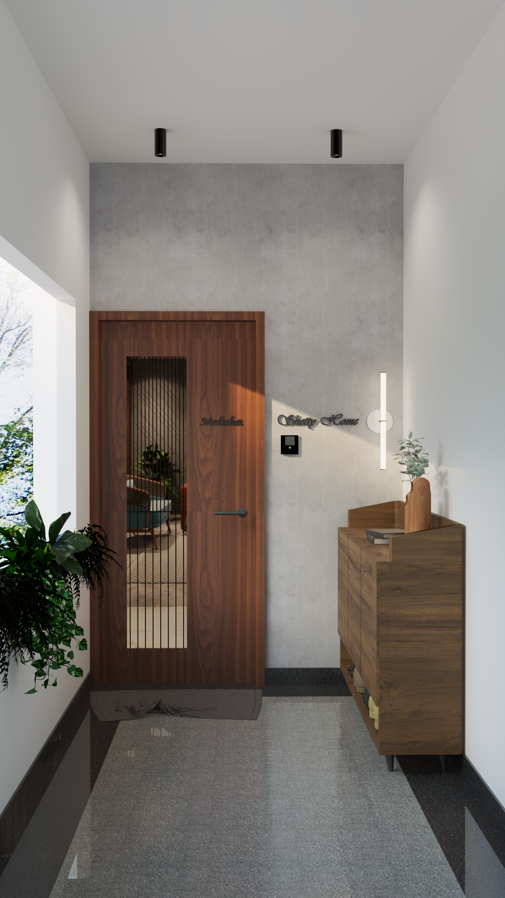Warm Modern Foyer with Concrete and Wood