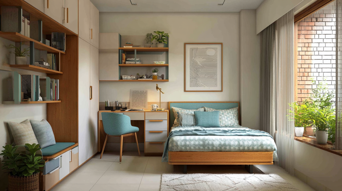 Serene Master Bedroom with Stone-Textured Feature Wall