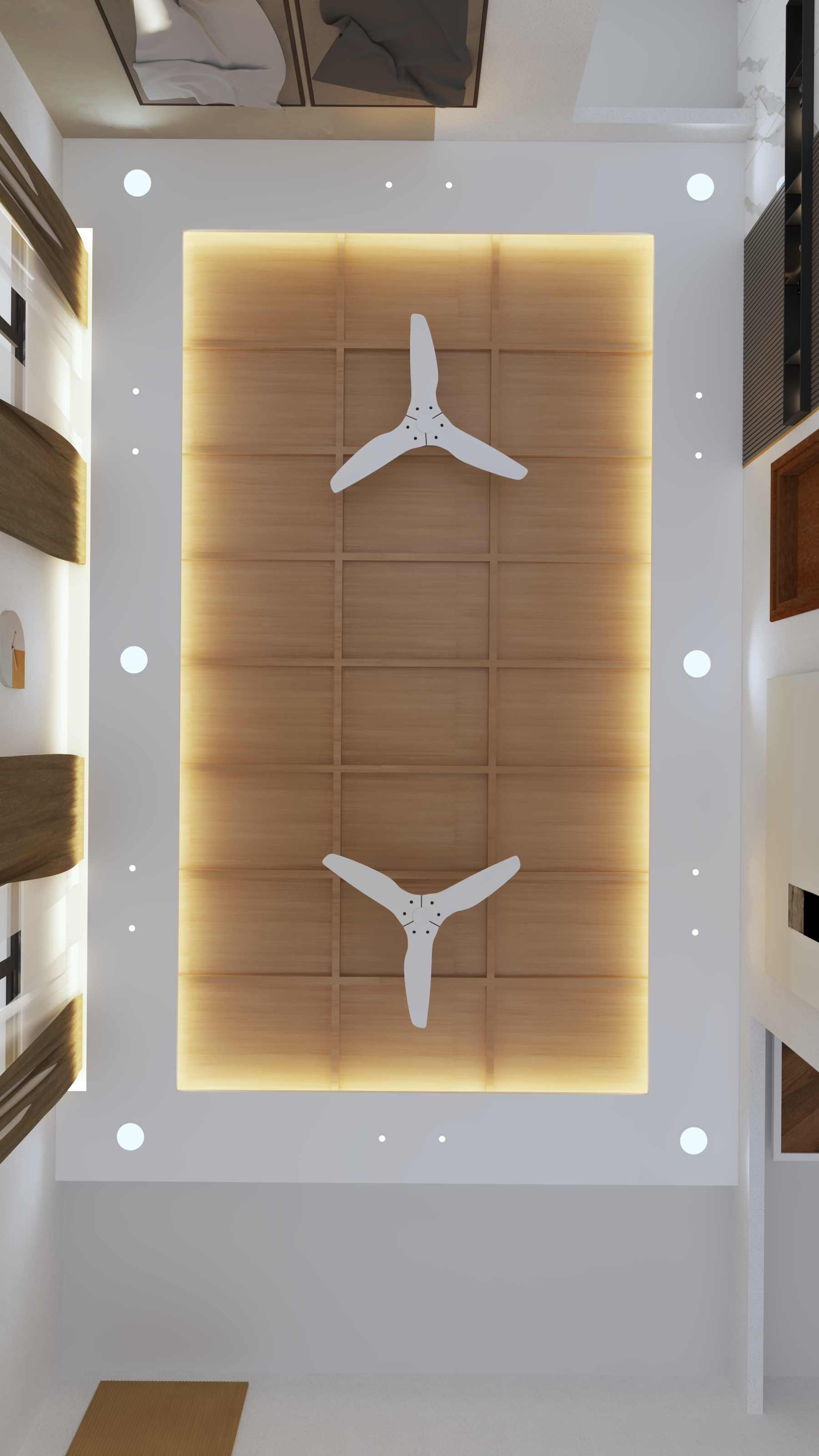 Indian Contemporary Bedroom with Wooden Grid False Ceiling