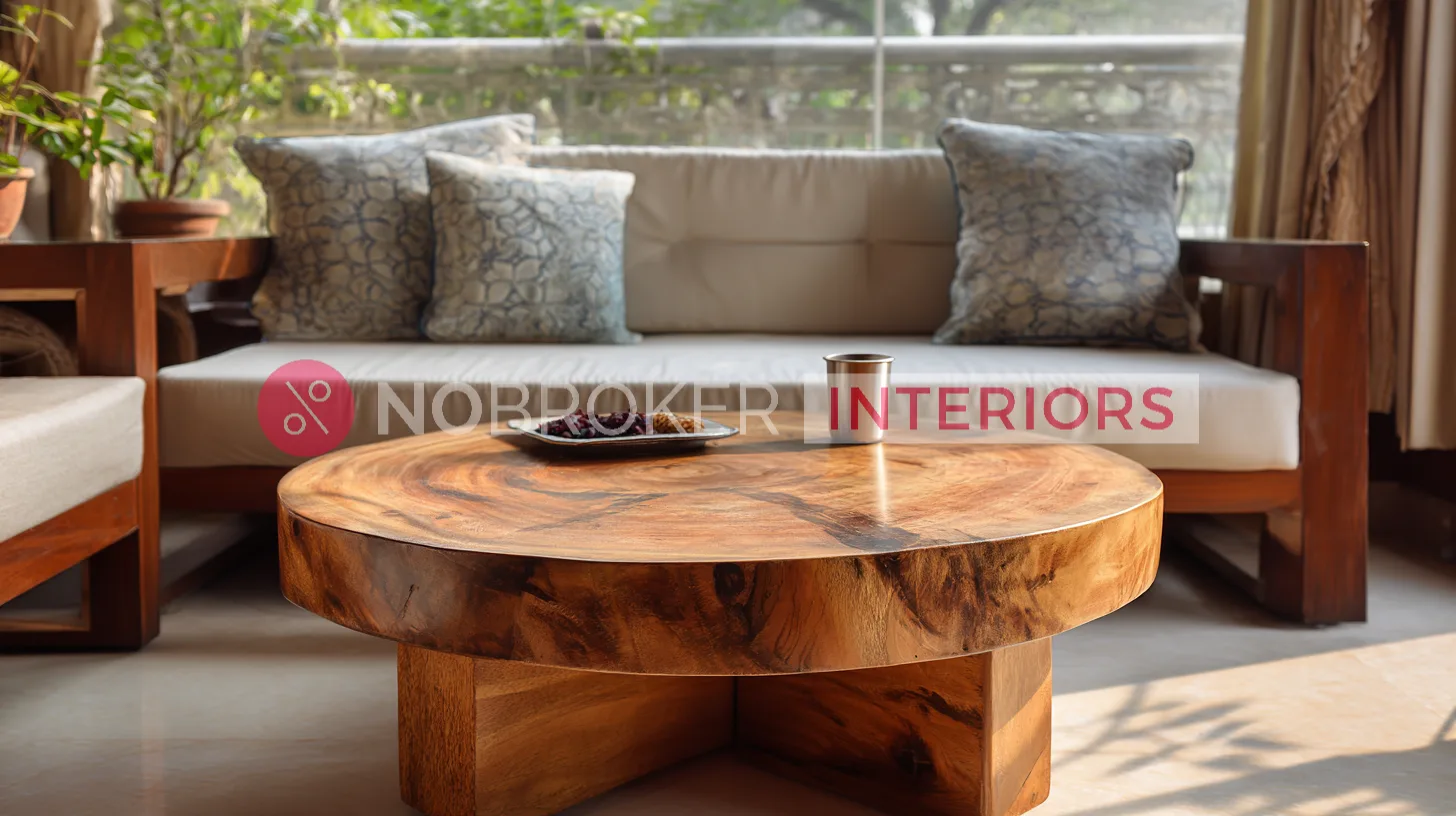 Solid Mango Wood Round Coffee Table with Sturdy Cross Base Support