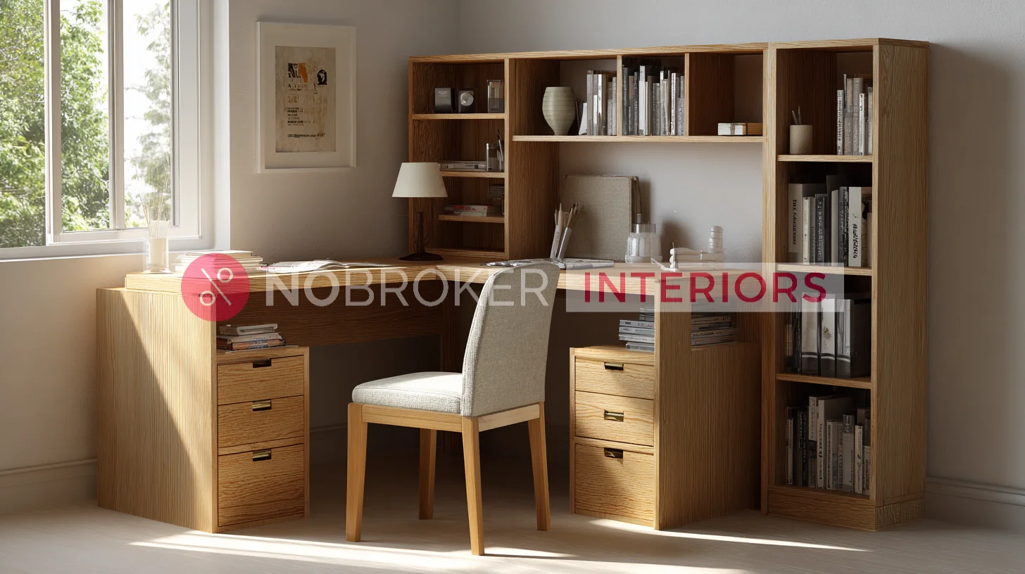 Solid Oak Study Table Design with Full Height Bookshelf Unit