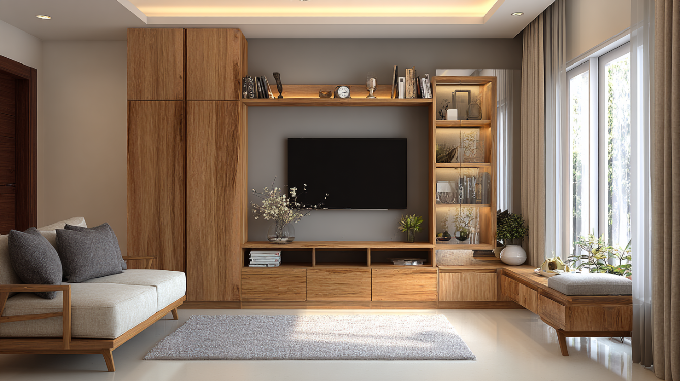 Scandinavian Living Room with Custom Wooden TV Unit