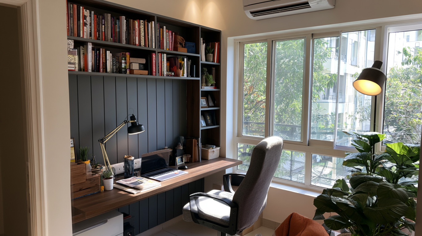 Study Room with Dark Grey Vertical Grooved Wall Panel