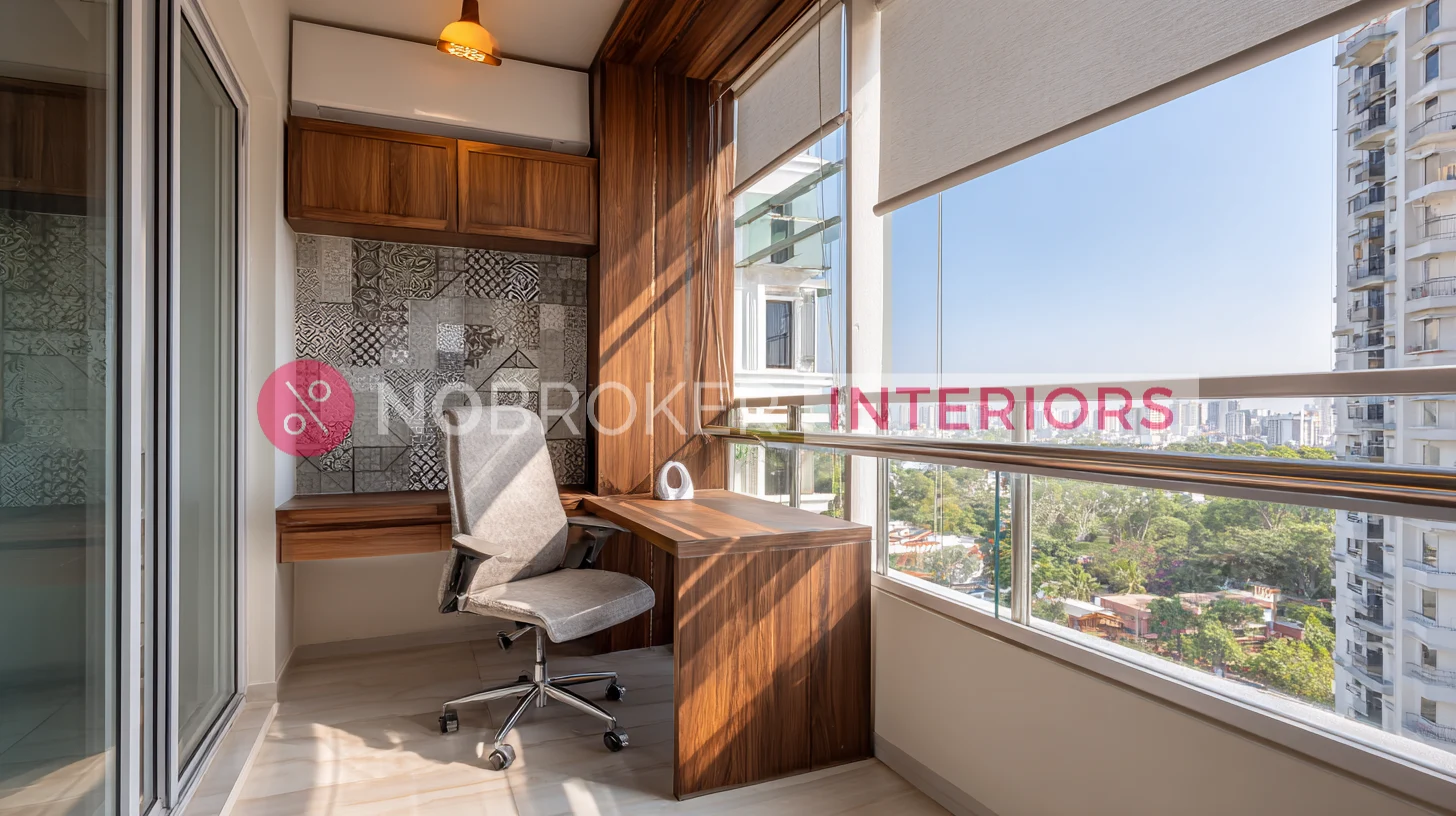 Stylish Balcony Office with Patterned Backsplash and Large Windows