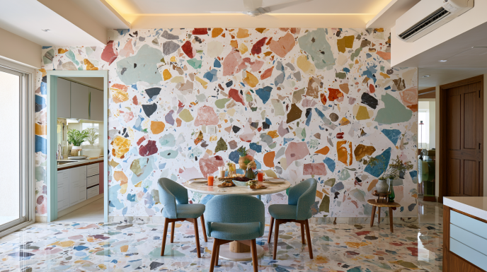 Terrazzo Patterned Wall Design for Compact Dining Room