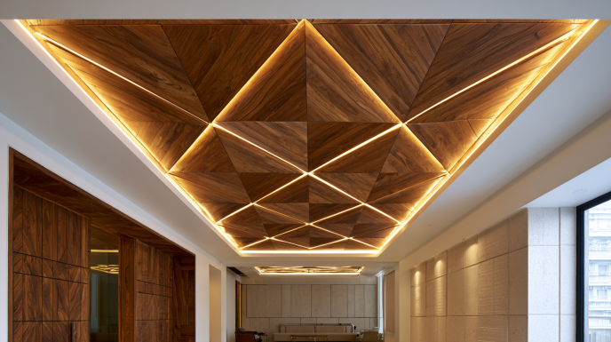 Triangular Patterned Wooden False Ceiling with Cove Lighting