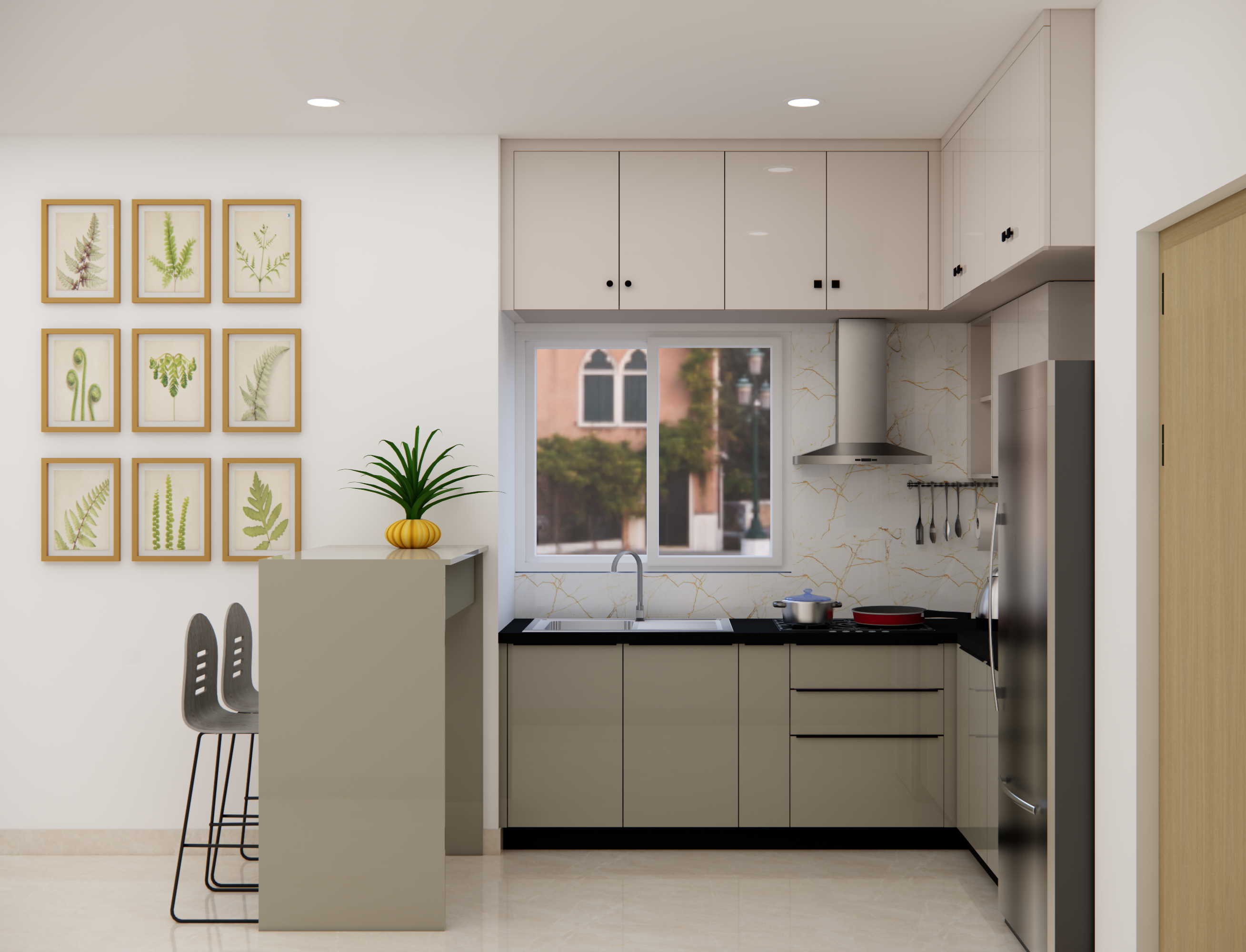 Modern L-Shaped Kitchen with Breakfast Counter and Botanical Decor