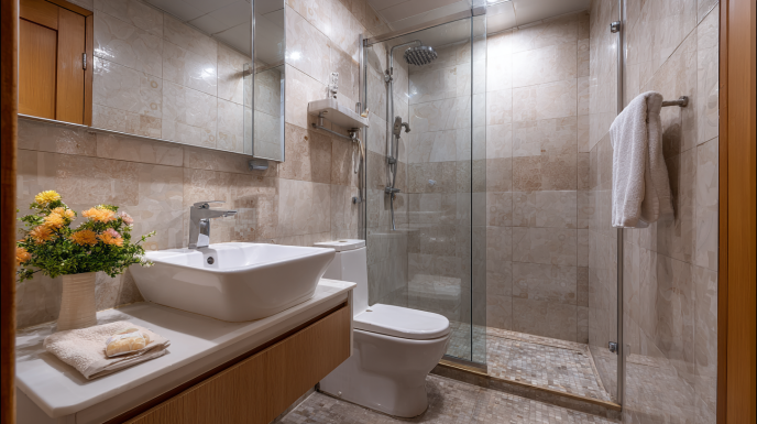 Warm Neutral Compact Bathroom Design with Floating Vanity
