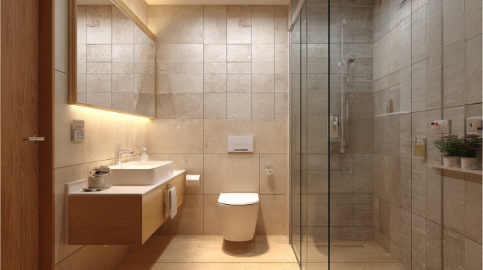 Warm Neutral Compact Bathroom with Floating Vanity
