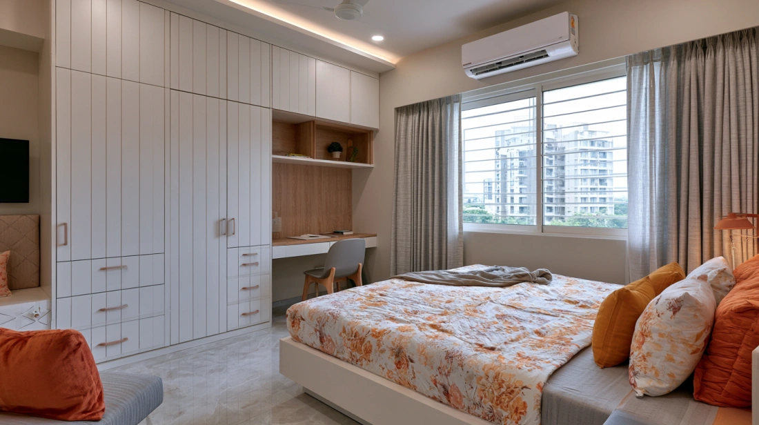 White Grooved Wardrobe Unit with Integrated Study Desk